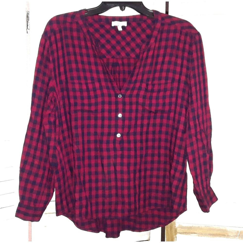 Joie Women's Blouse Size Small Hi-Low Henley Light Weight Flannel Red Black